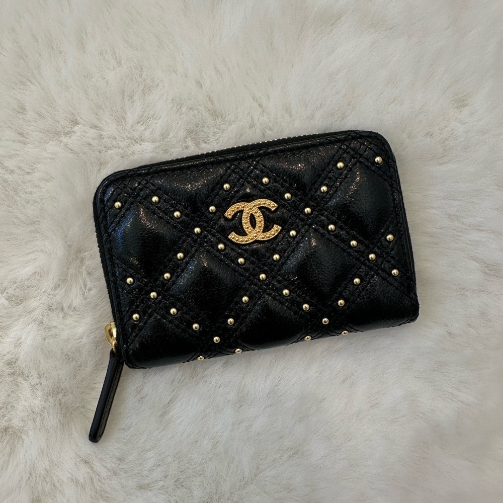 CHANEL Black Quilted Wallet with Gold Studs NEW